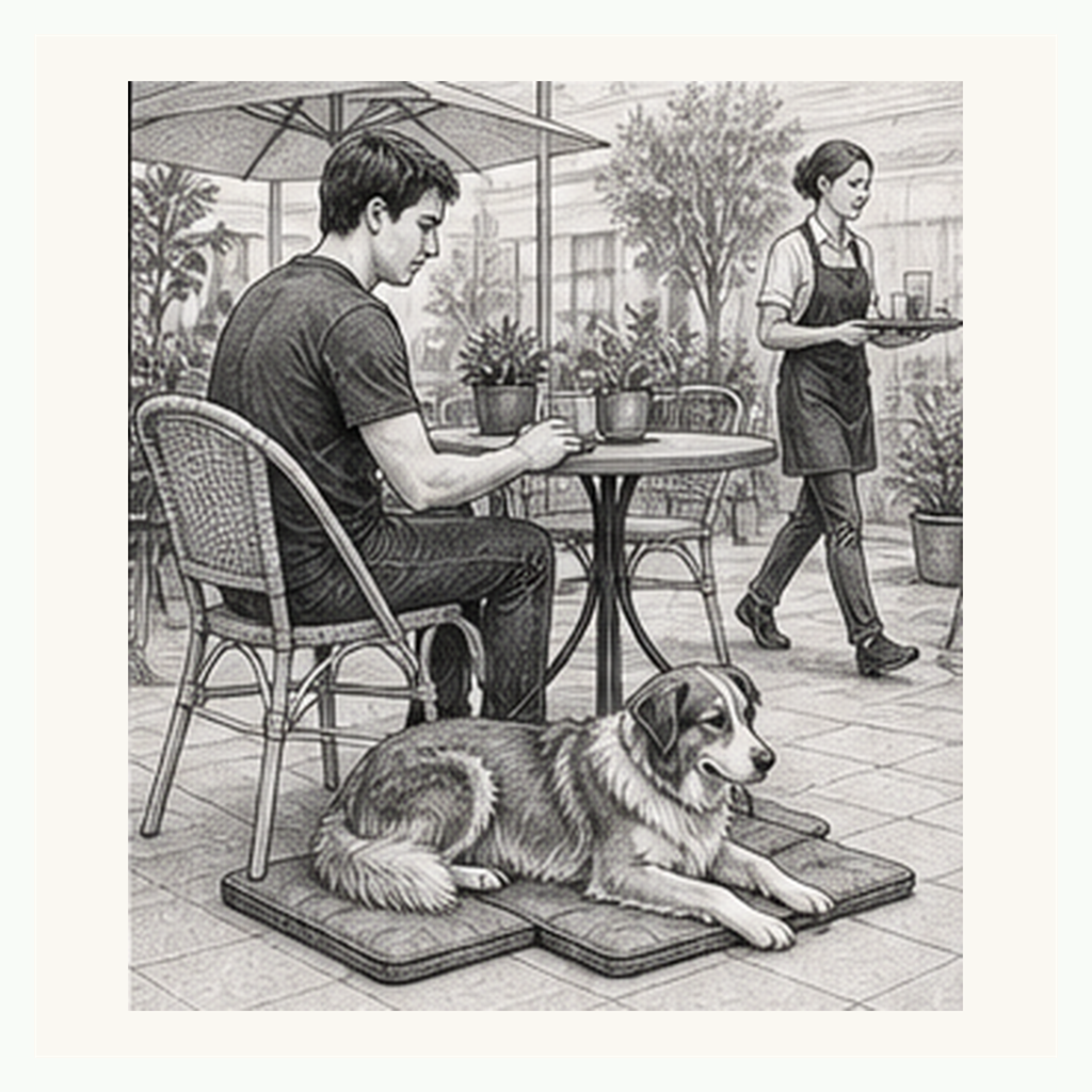 Detailed sketch of a dog lying on a mat beside a cafe chair while a server walks by