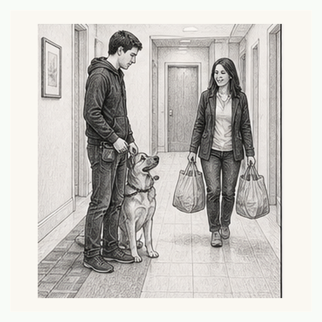 Detailed sketch of a dog waiting neutrally beside the handler while a neighbor passes with groceries