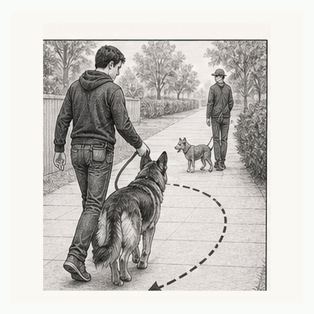 Detailed sketch of a handler and dog making a smooth U-turn away from another dog ahead