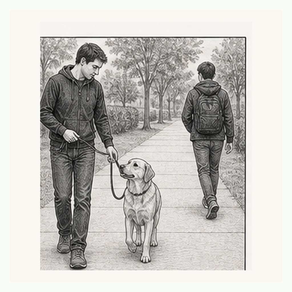 Detailed sketch of a dog passing a stranger with a backpack on a loose leash without pulling