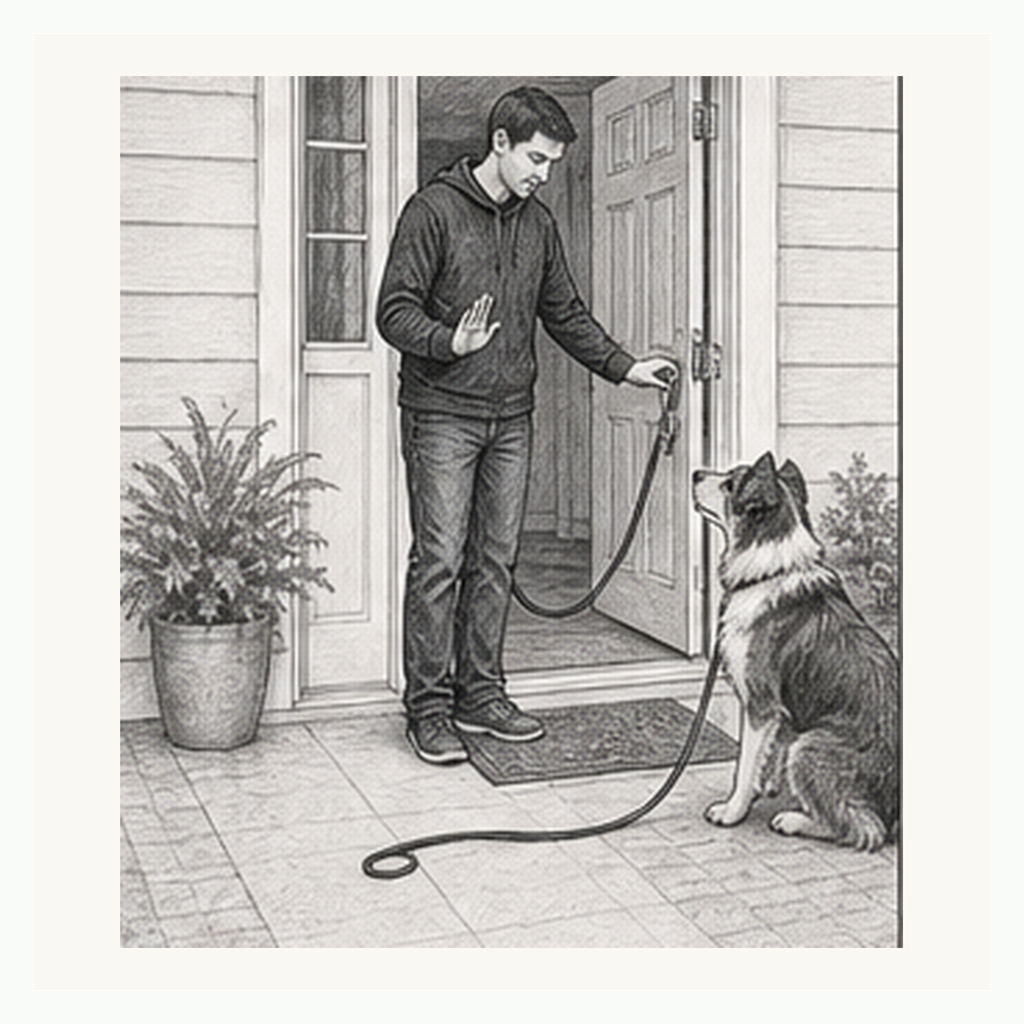 Detailed sketch of a dog calmly waiting before a half-open doorway with the handler holding the leash