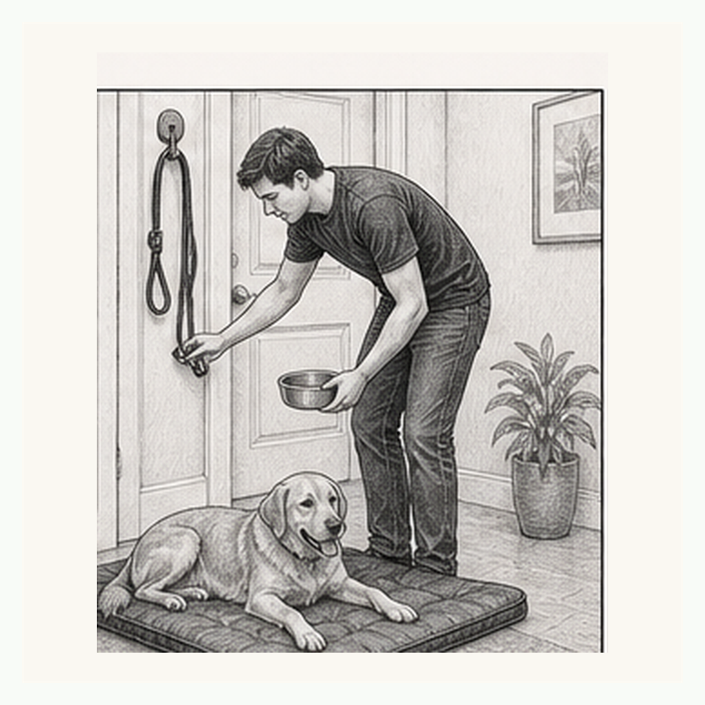 Detailed sketch of a dog settling on a mat after a walk while the handler hangs up the leash and offers water