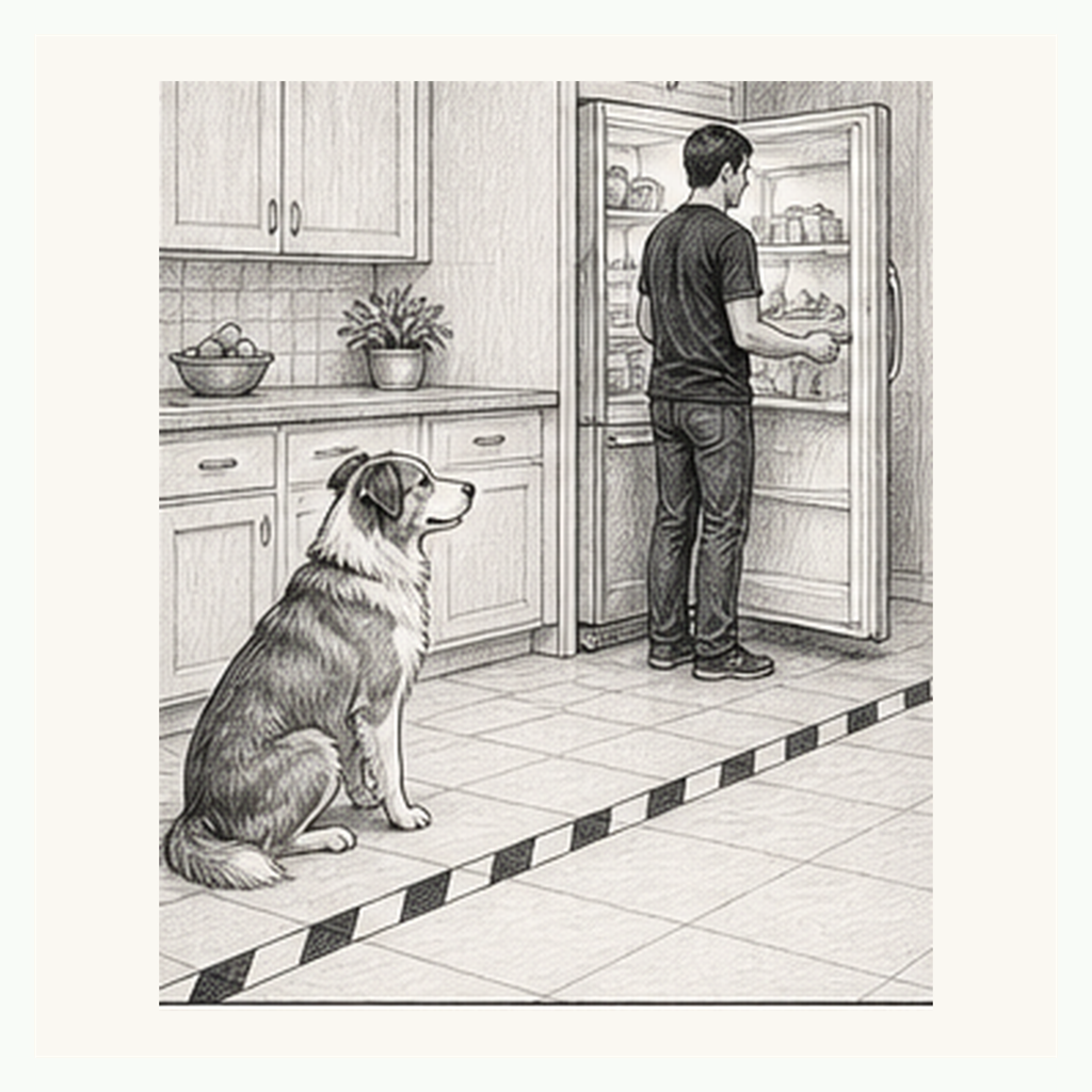Detailed sketch of a dog waiting outside a kitchen boundary line while the trainer opens the fridge