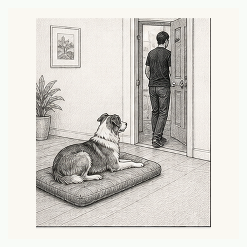 Detailed sketch of a dog staying on a bed while the handler steps out through a doorway