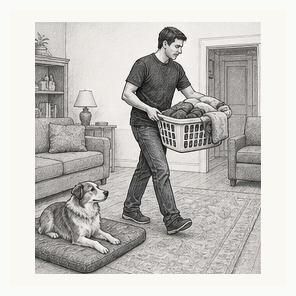 Detailed sketch of a dog staying on a mat while the handler carries laundry through the room