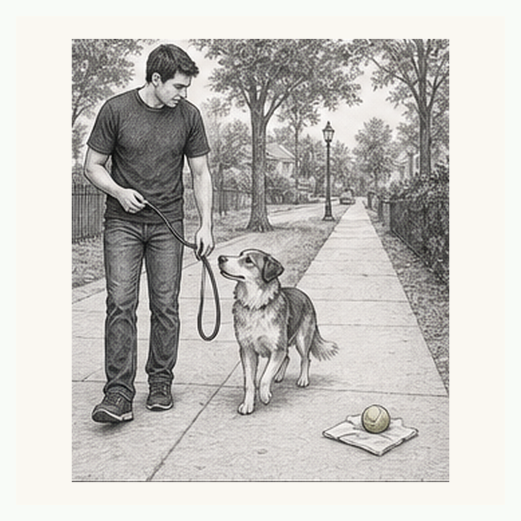 Detailed sketch of a dog walking past a tempting object on the sidewalk while checking in with the handler