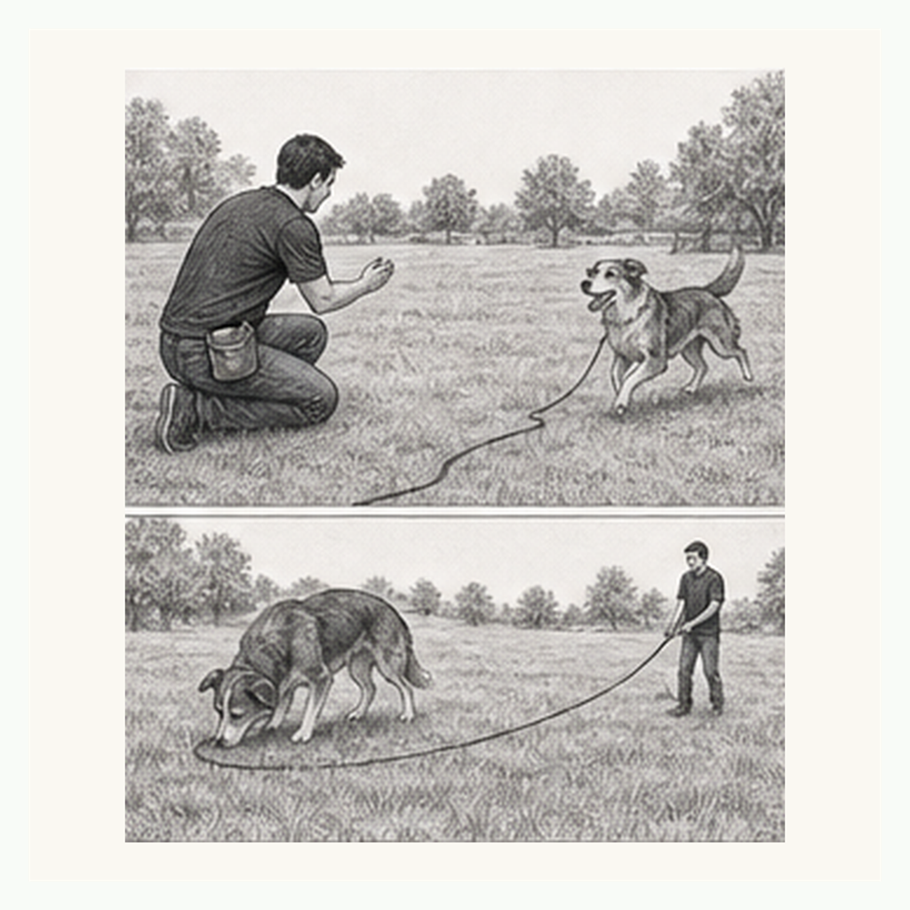 Detailed sketch demonstrating Long-Line Recall From Wildlife Scent