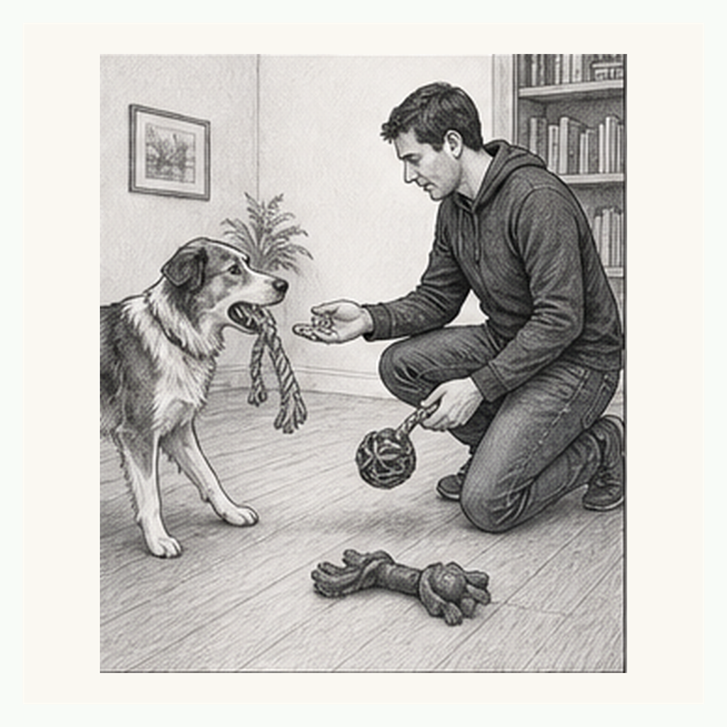 Sketch of dog dropping toy and looking at handler