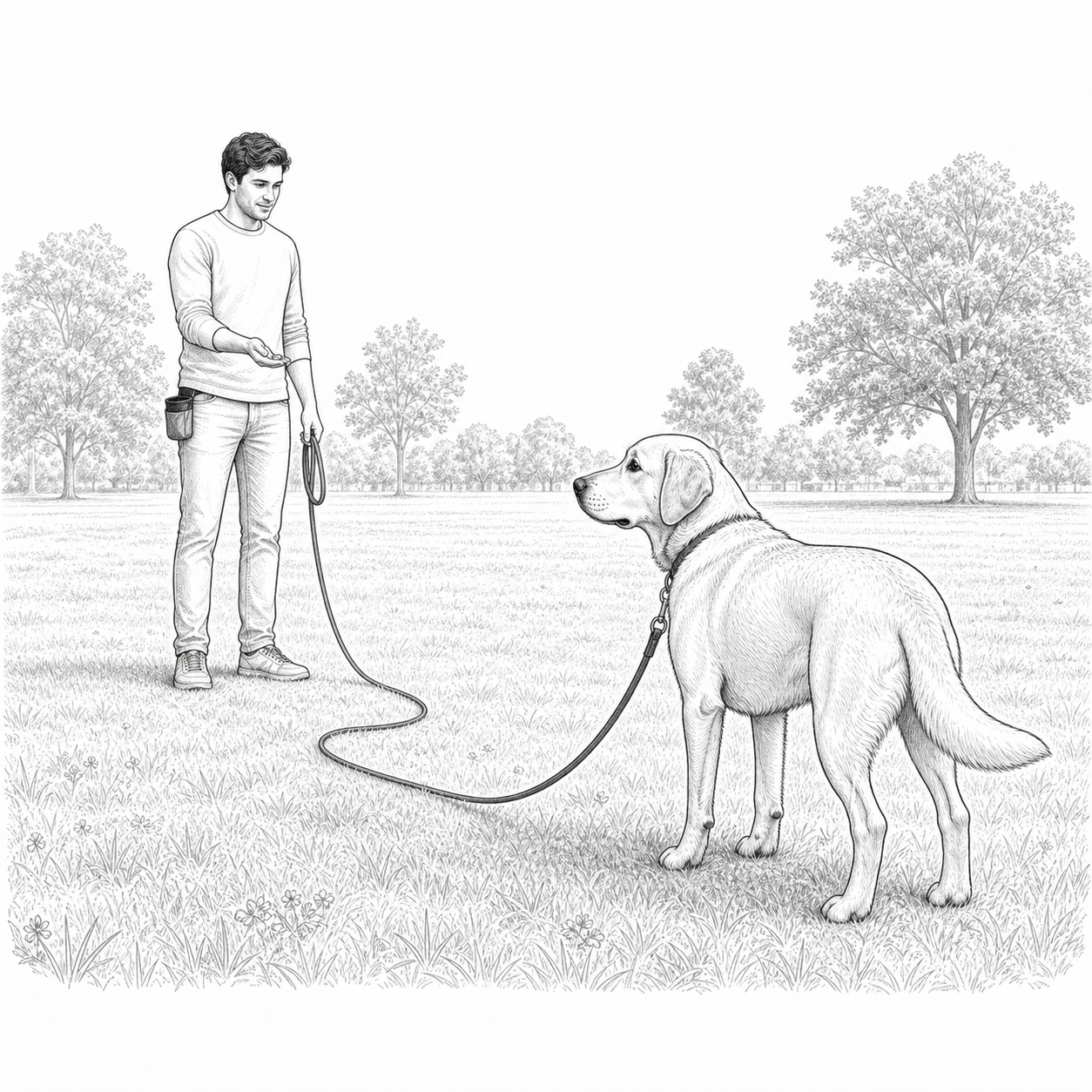 Detailed sketch of a dog stopping on a long line and turning attention back to the handler