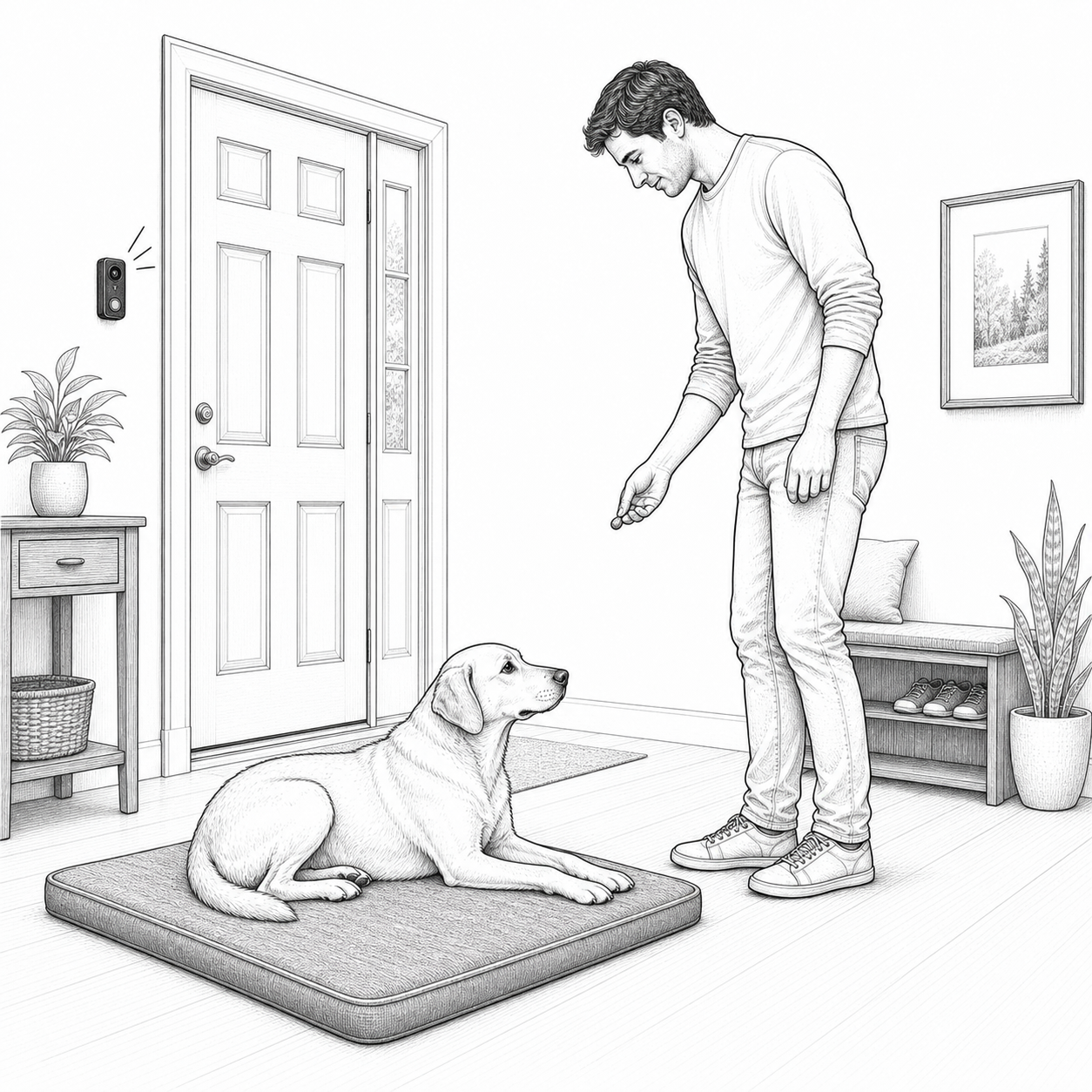 Detailed sketch of a dog recovering from the doorbell by settling on a mat away from the front door